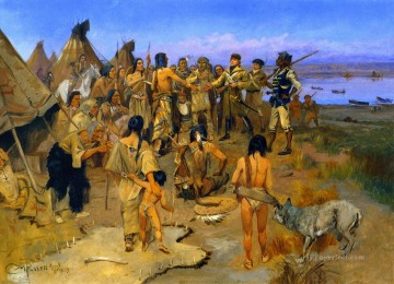 アメリカインディアン Painting - マンダン・インディアンと会うルイスとクラーク 1897年 チャールズ・マリオン・ラッセル アメリカン・インディアン